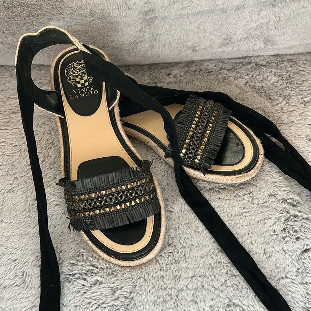 Vince Camuto Black & Gold Ankle Strap Sandals, Gently Worn